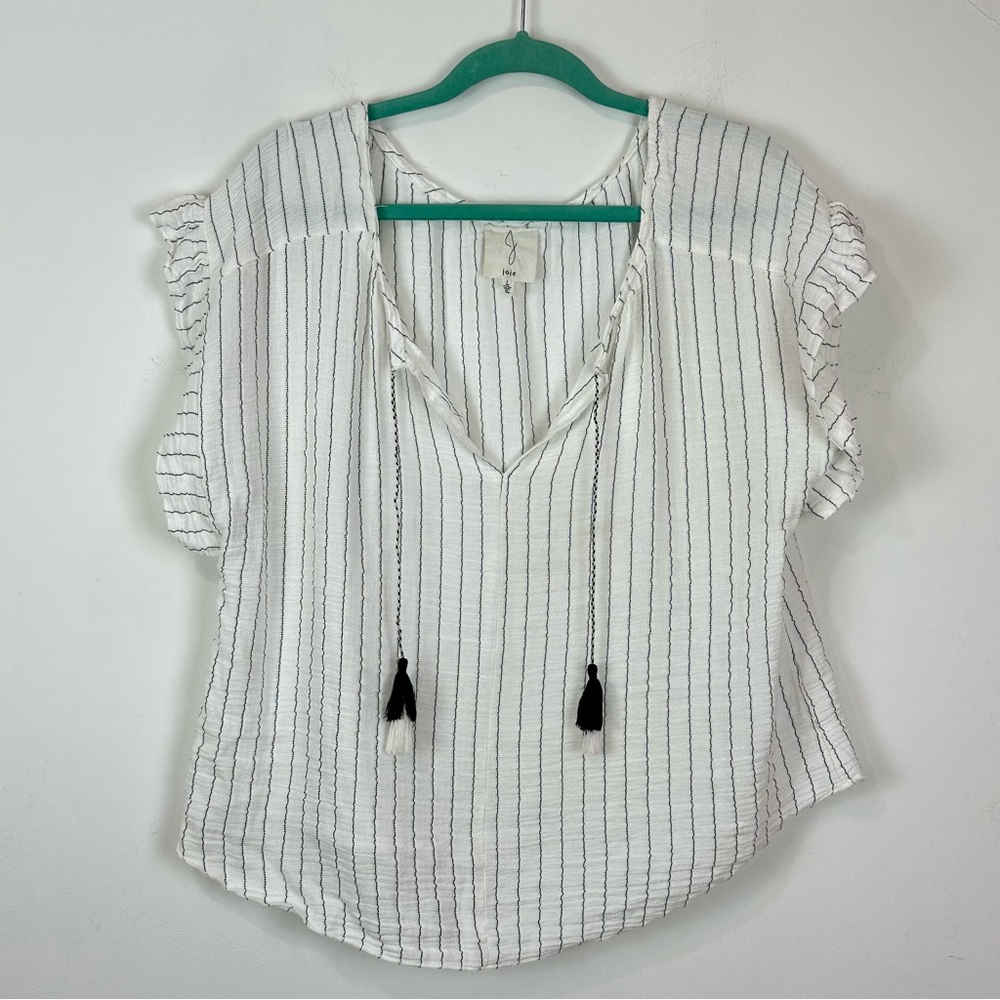 Joie Women's Gauze Cotton Flutter Sleeve Tassle Top L Boho Beach Resort